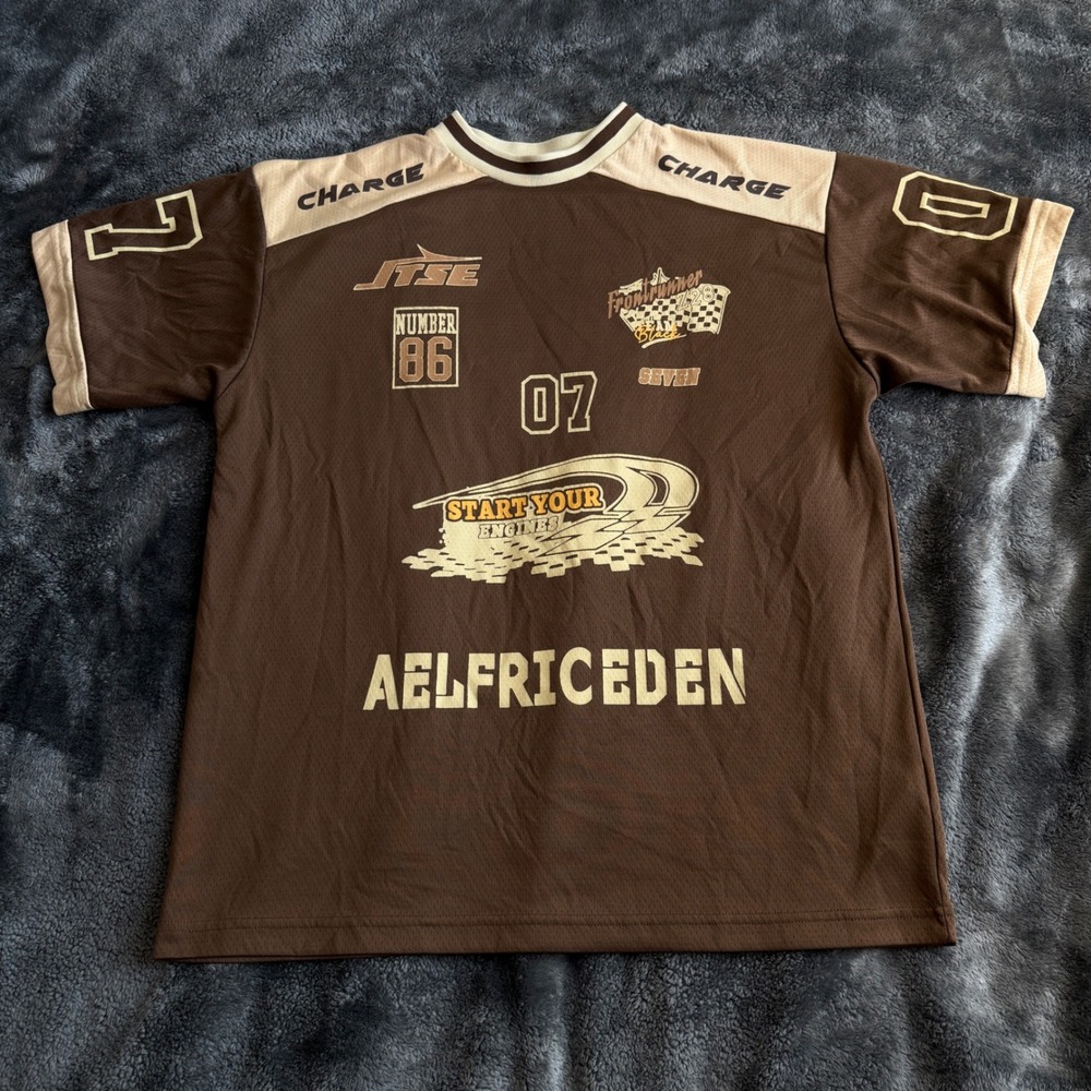 Aelfric Eden Mens Racing Jersey Brown Tan Graphic Mesh Streetwear Shirt Size M